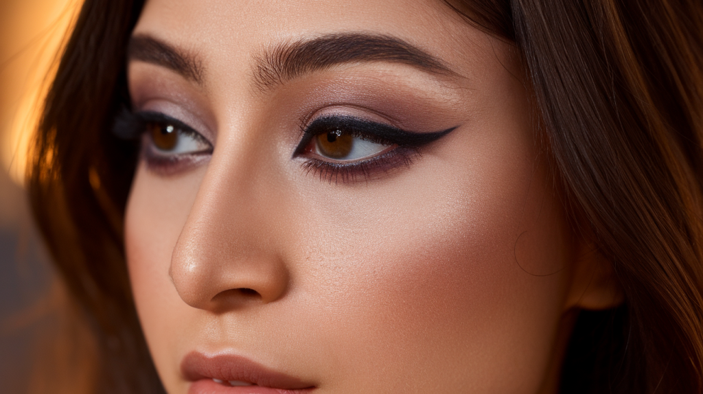 A closeup side profile photo of an Armenian woman with hooded eyes and makeup. She has dark brown eyes and wears dark eyeliner and mascara. Her eyelids have a slightly purple hue. She has dark brown hair. The lighting is warm.