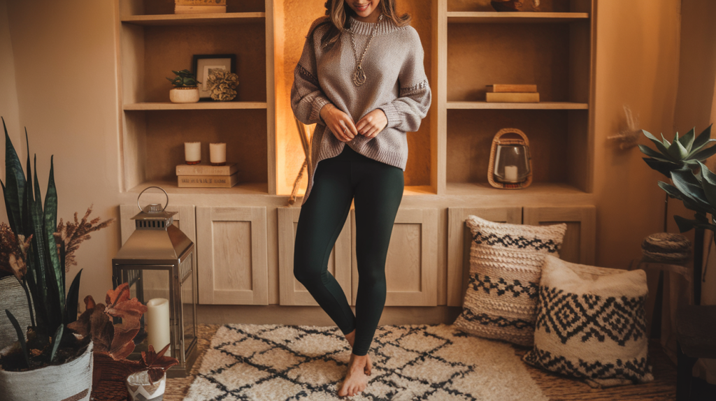 A photo of a woman wearing leggings and a cozy sweater. She is standing in a warmly-lit room with a patterned rug and a bookshelf. The room contains decorative items, such as a lantern, a candle, and a plant. The woman has her hair down and is wearing a necklace.