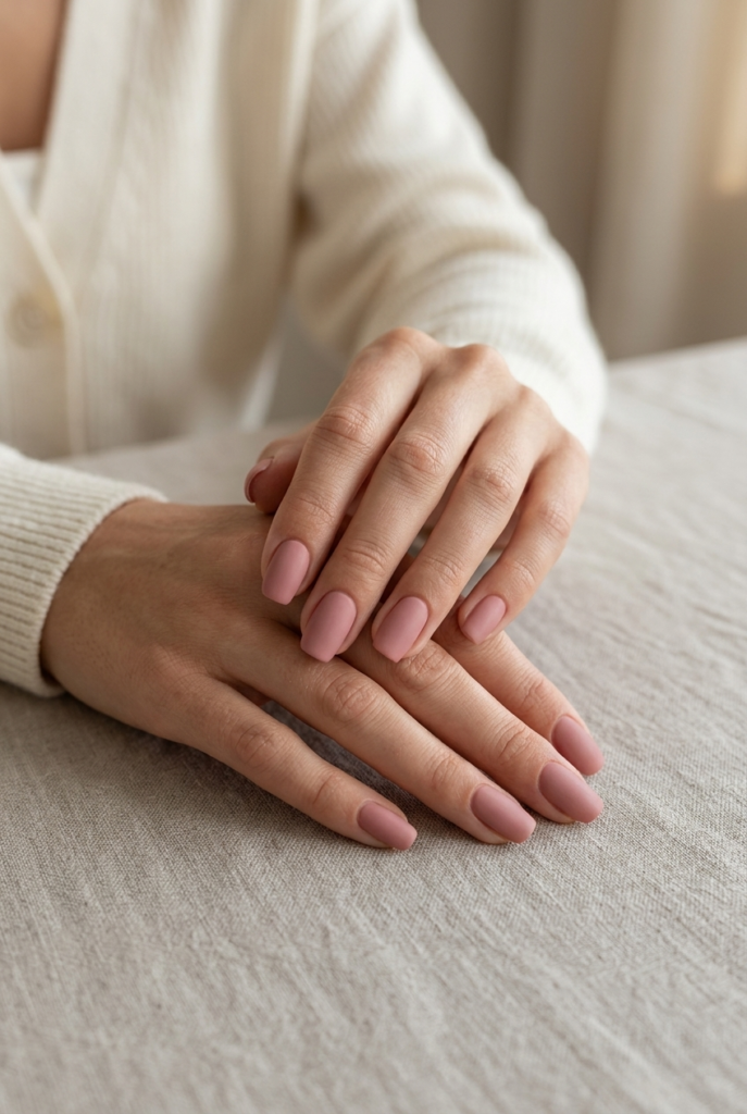 Old Rose Powdery Pink Woman in an ivory knit cardigan with muted old rose satin finish nails resting on a taupe linen surface in a neutral home interior