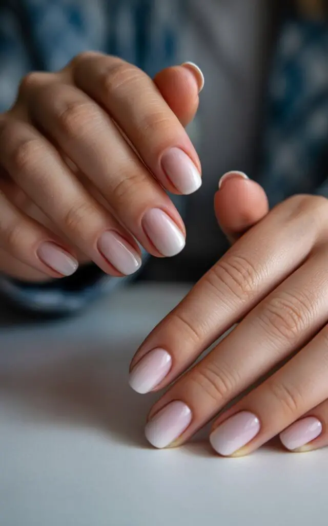 Full closeup to female hands with ombre gradient nails showing smooth color transition from pink to white, manicured fingers in elegant pose, soft natural lighting.
