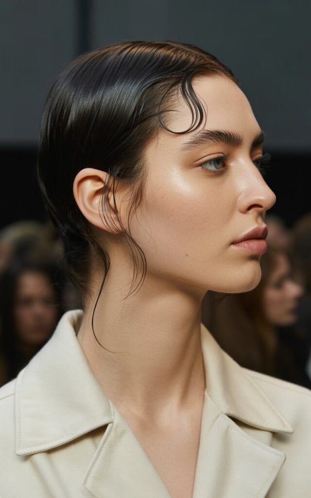 onyx black hair with mirror-like lacquer finish and extreme glossy sleek look