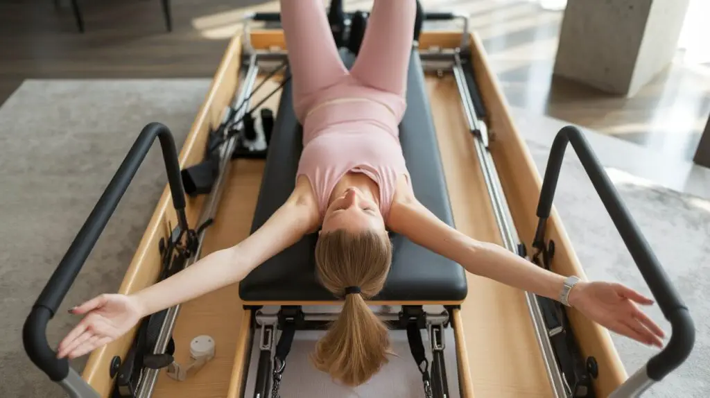 Overhead shot of woman lying on Pilates reformer