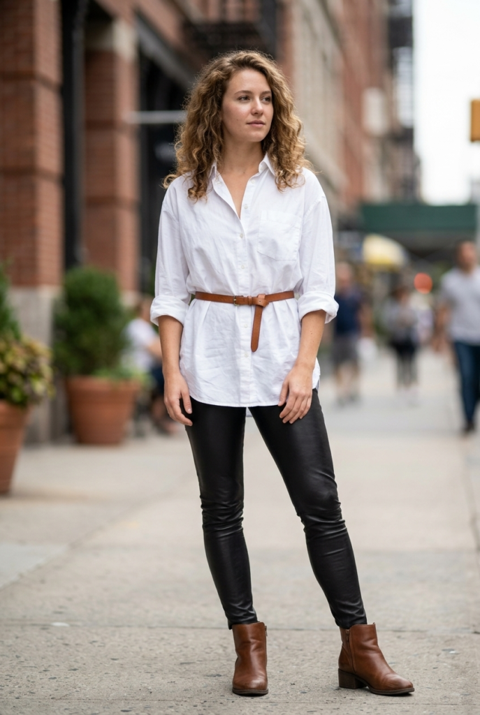Oversized Button-Down and a Belt Woman wearing an oversized button down shirt with leather leggings and a belt
