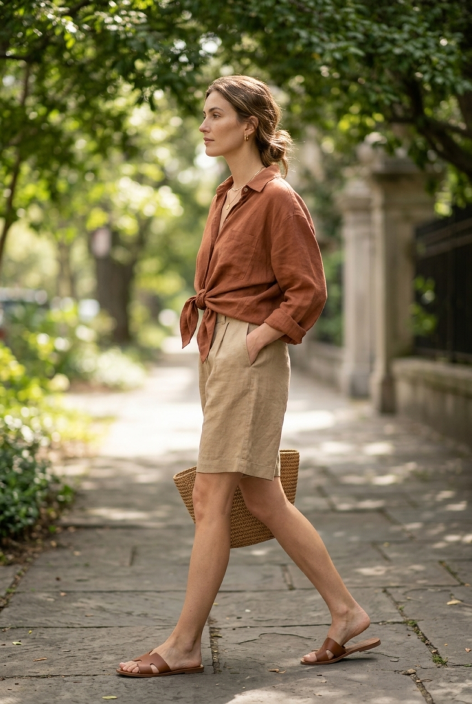 Oversized Linen Shirt + Bermuda Shorts A woman wearing sand linen Bermuda shorts and a clay oversized linen shirt knotted at the waist on a tree lined sidewalk