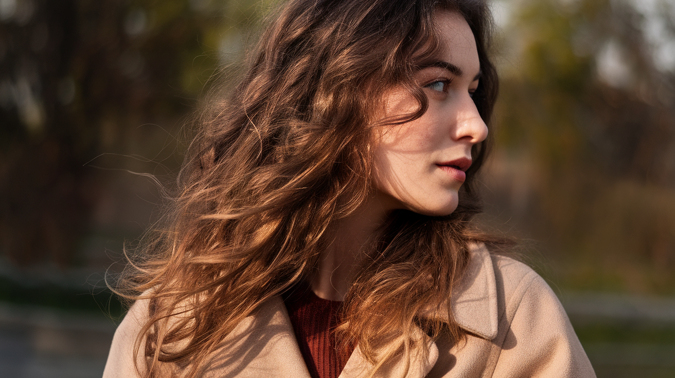 A side profile photo of a Belarusian woman with wavy long hair. She has brown hair and is wearing a beige coat. The lighting is warm and soft. The background is blurred and contains greenery.