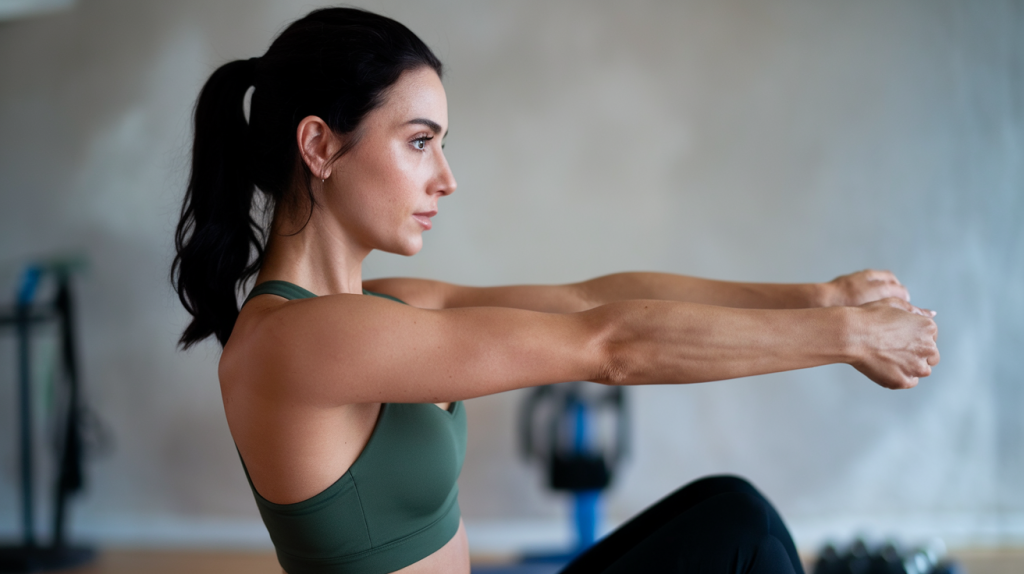 woman with dark hair doing a workout at home for her arms. She is wearing a green sports bra and black leggings