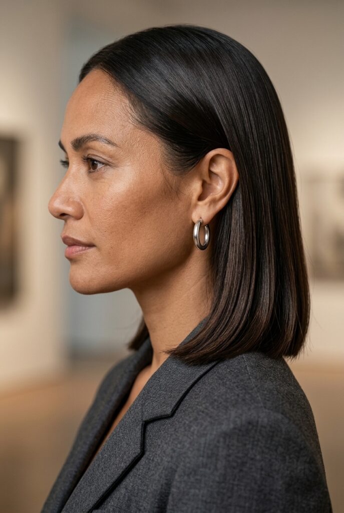 Pacific Islander female model in her late 40s with a sleek lob haircut tucked behind the ear