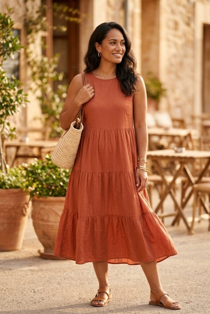 Pacific Islander woman in a terracotta tiered midi dress at a sunny café terrace with a straw bag