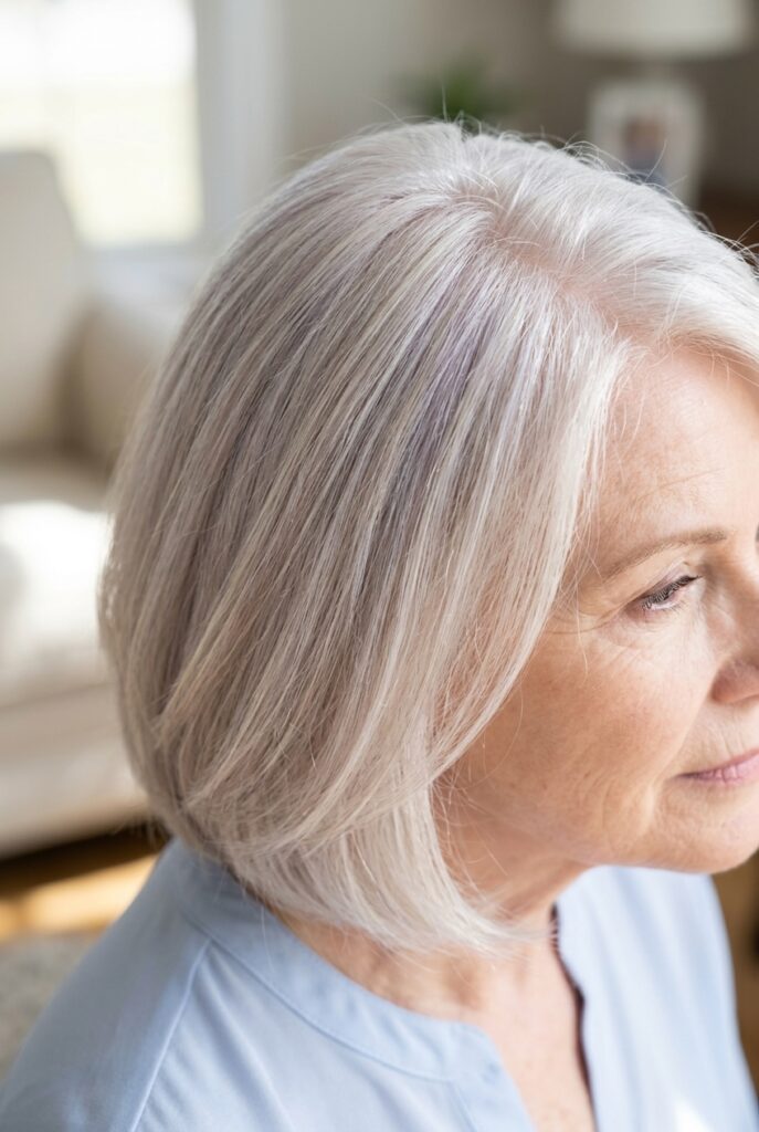 Pearl gray gloss on natural white hair
