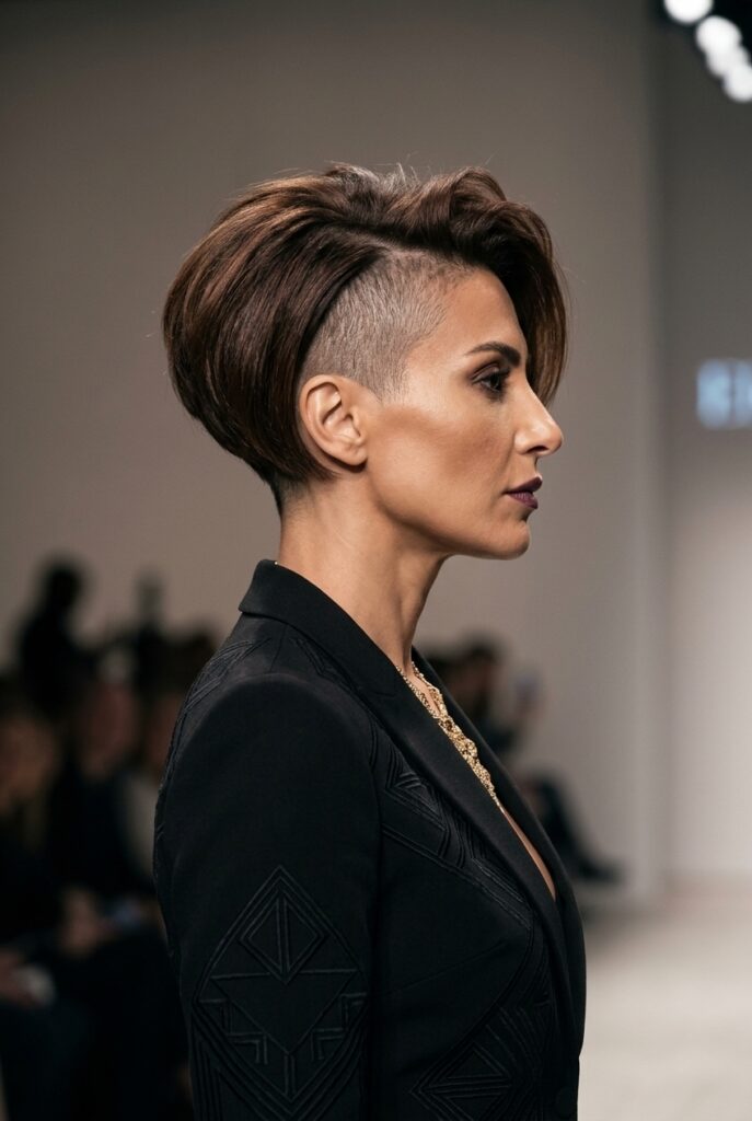 Persian fashion parade female model over 40 with an asymmetrical bob and one-sided undercut hairstyle