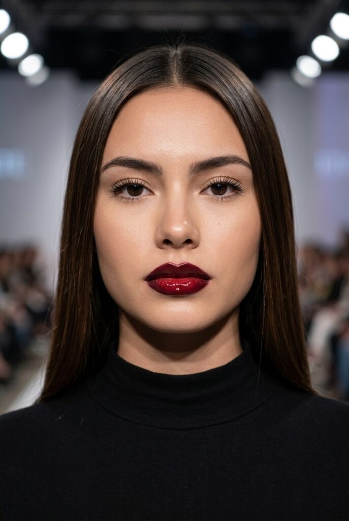 Peruvian fashion parade teen model with cherry cola lips, deep burgundy wine liner and glossy red finish