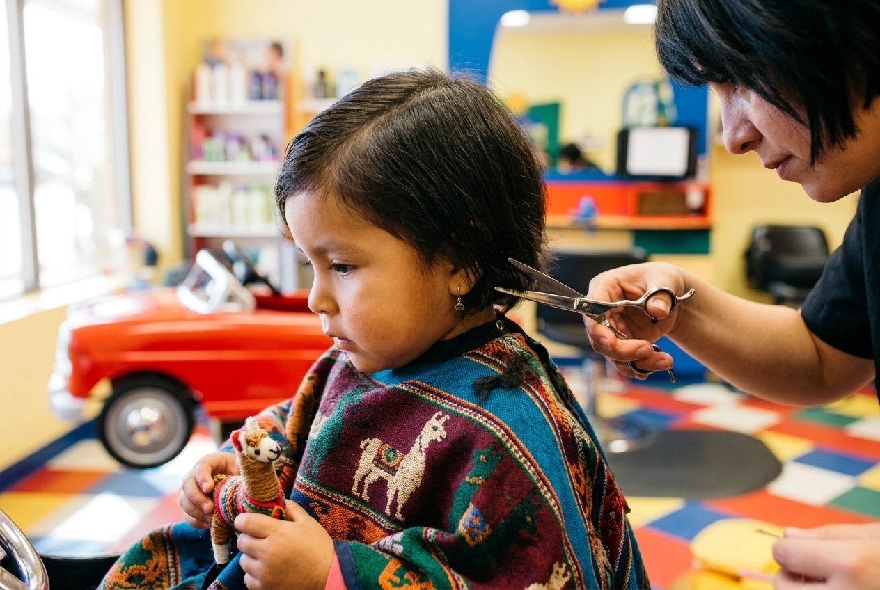 Peruvian toddler girl, closeup to her first haircut