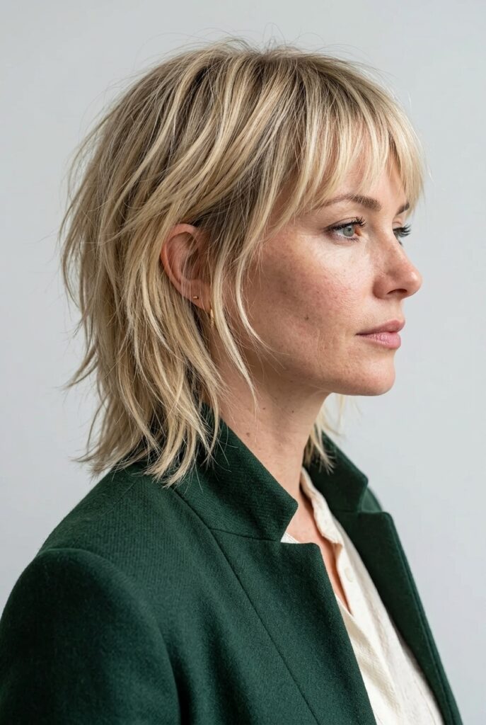 Piecey layered medium length haircut with short feathery bangs