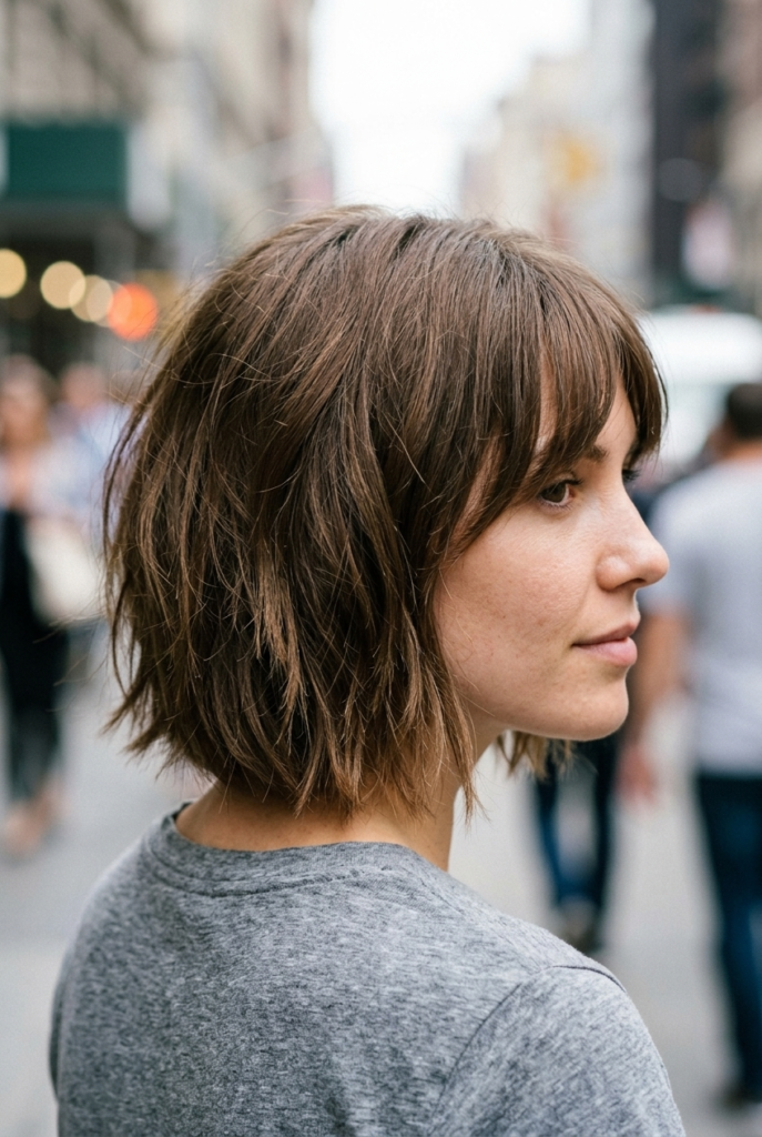 Piecy Bob with Bangs Woman with piecy chin length bob and textured bangs