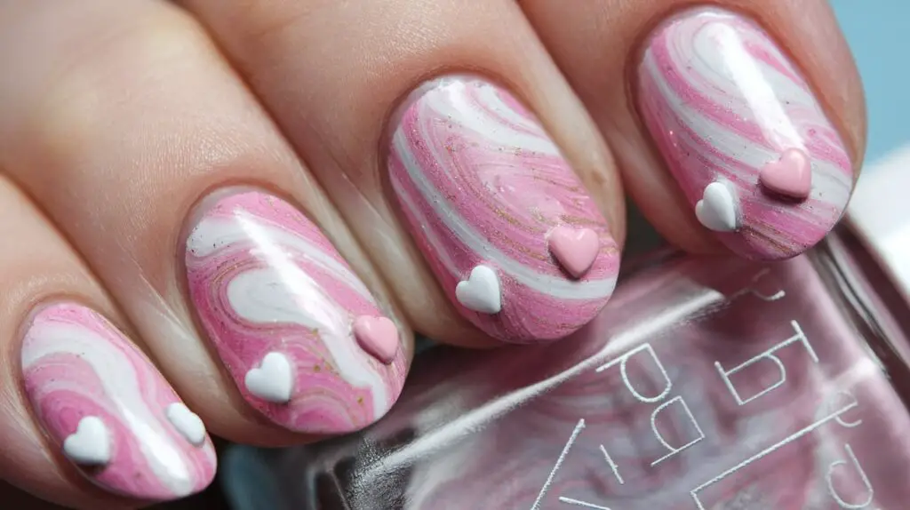 Pink White with Hearts Nail Design