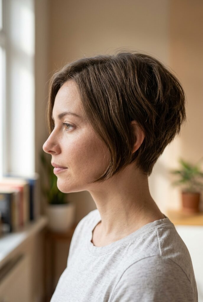 Pixie bob haircut with jaw length sides on an oval face