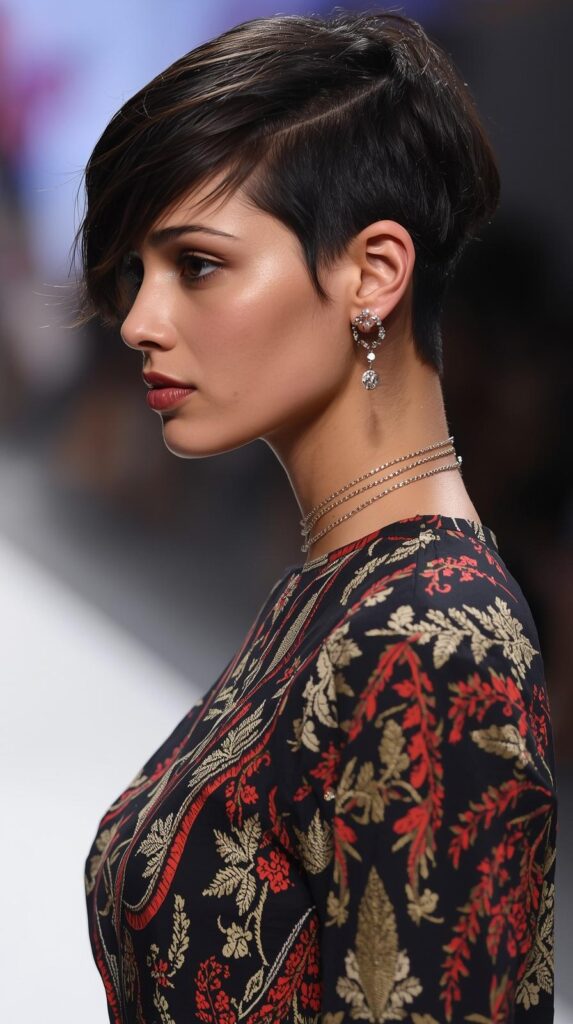 Pixie cut with Side-Swept Bangs, fashion parade female model, side profile