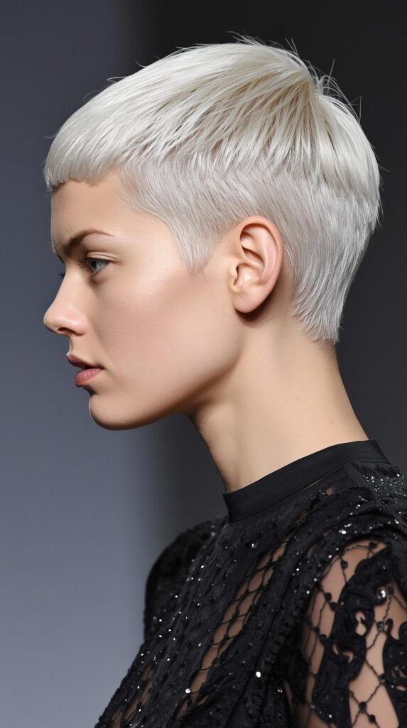 Platinum Blonde Pixie, fashion parade female model, side profile