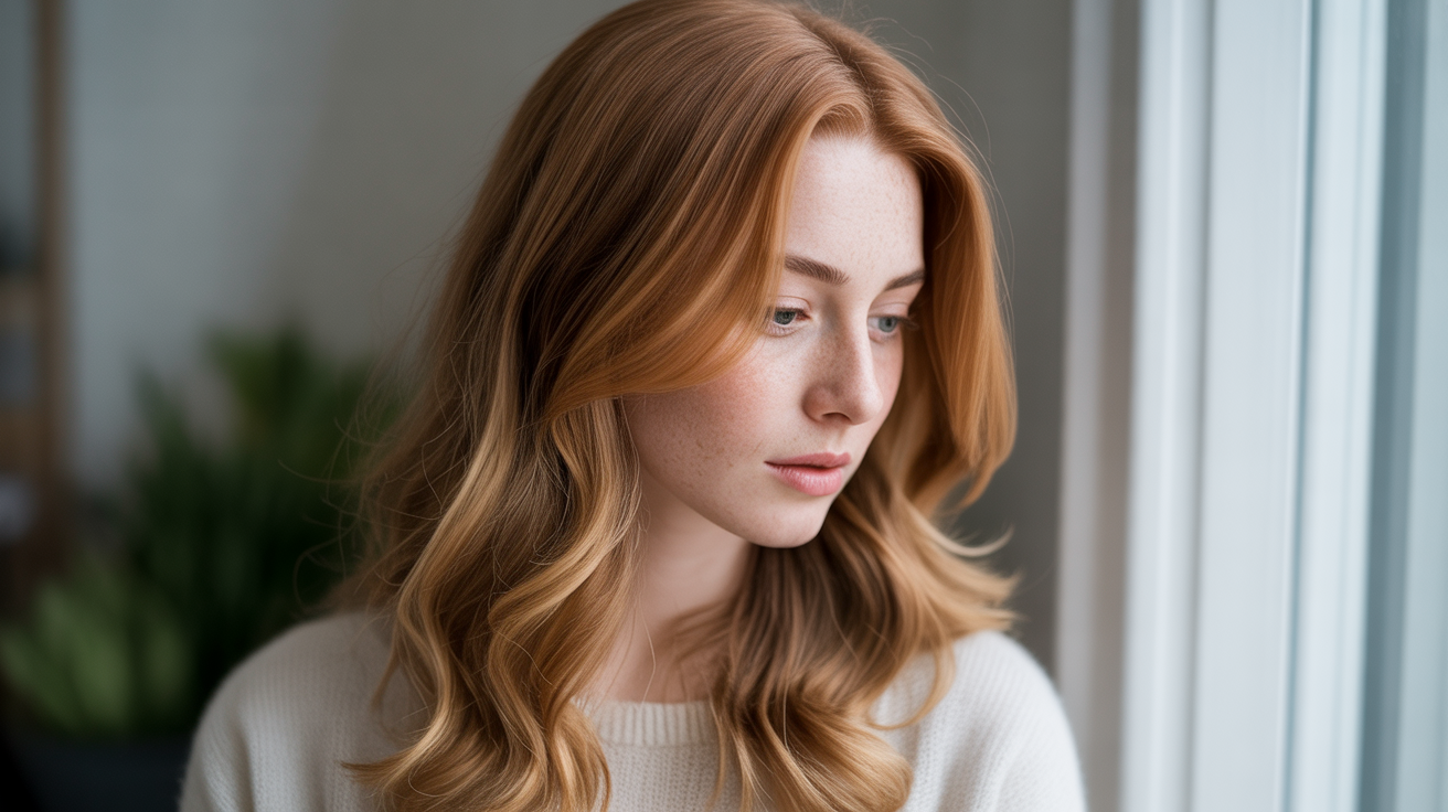 A professional portrait photograph showcases a young woman with cascading auburn hair featuring a subtle balayage technique, mimicking the styles seen in online galleries of "real women hair balayage".
