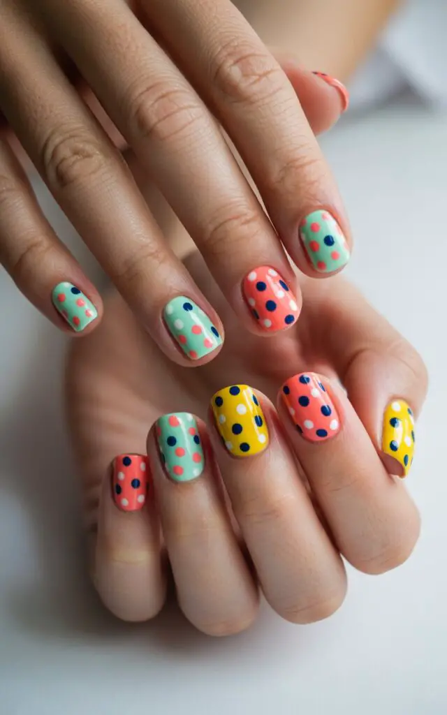 Full closeup to female hands with playful polka dot nail design featuring contrasting colors, varied dot sizes scattered across nails, beginner-friendly manicure, cheerful and casual style.
