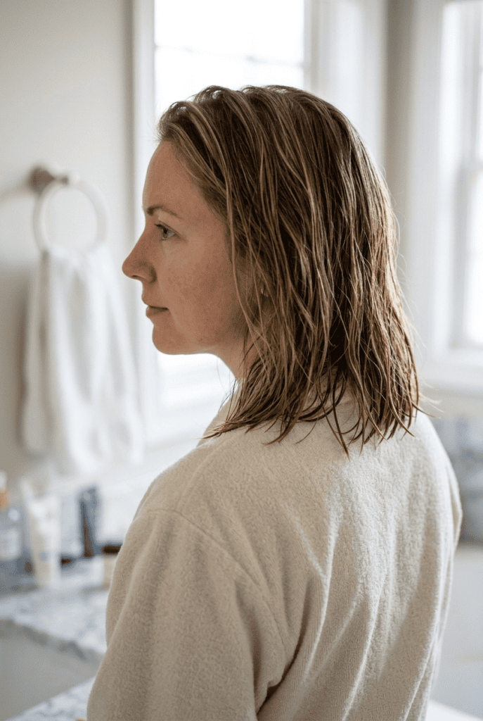 Prepping Your Hair for Best Results Woman with damp towel dried hair ready for toning