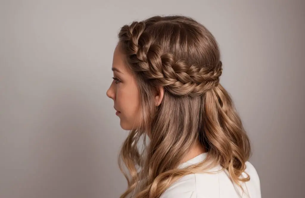 Pull-Through Braid Half Up hairstyle on Chocolate Rose Gold hair color