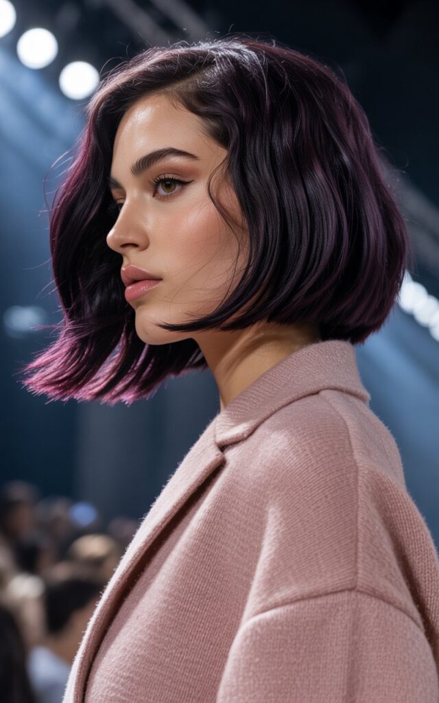 purple black hair with rich deep plum undertones visible in the light