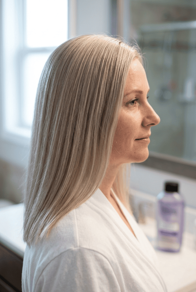 Purple and Brightening Shampoo as a Maintenance Step Cool toned blonde hair free of brassiness after purple shampoo