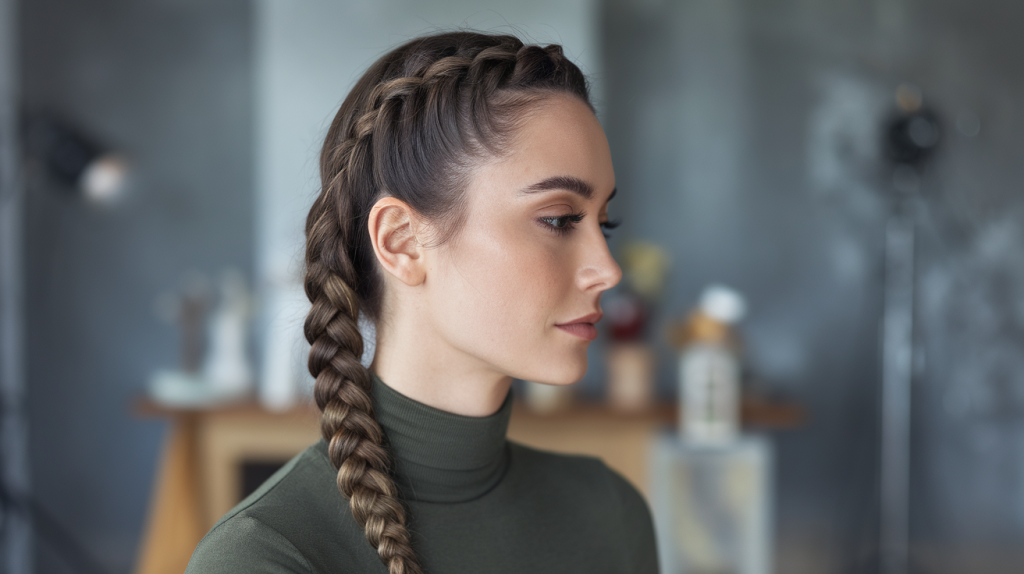 A serene closeup side profile photo of a woman with a dutch braid hair extension. She has dark brown hair and is wearing a green turtleneck sweater