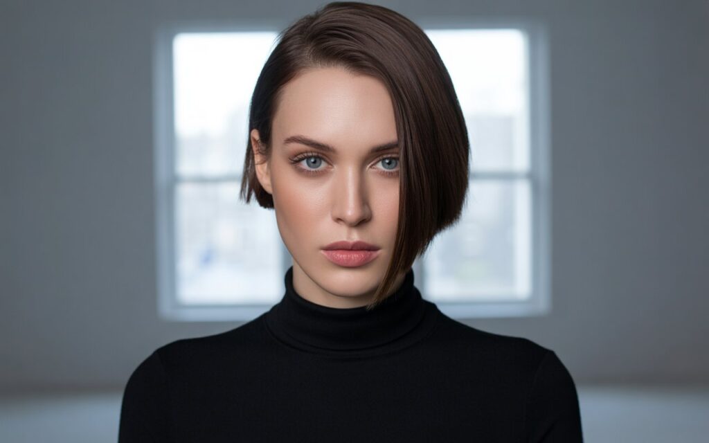 Professional female fashion model with modern haircut