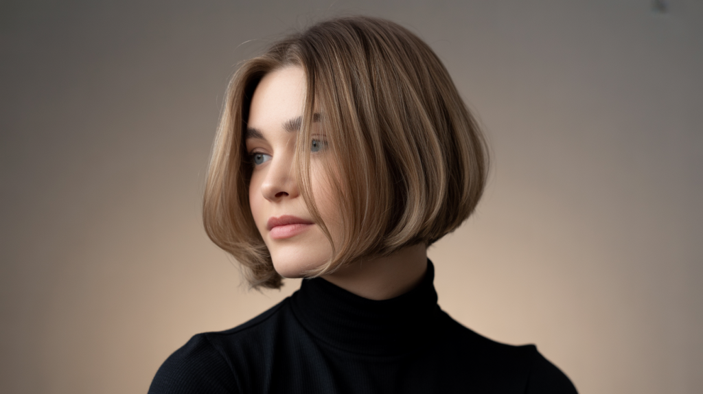 A studio portrait photograph of a young woman showcasing a professional blunt cut hairstyle with subtle layers and a sleek, modern aesthetic.