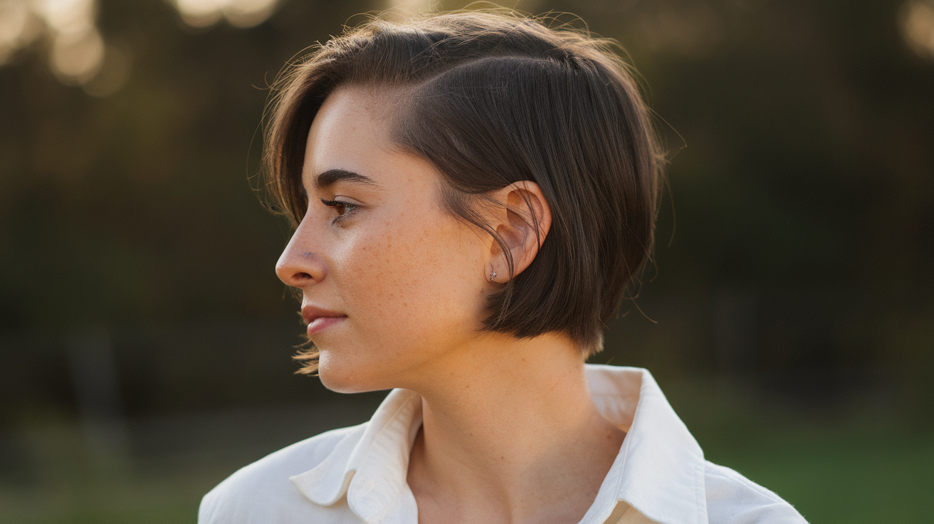 A side profile photo of a woman with a short haircut. She has dark hair and is wearing a white shirt. The lighting is warm. The background is blurred and consists of greenery.