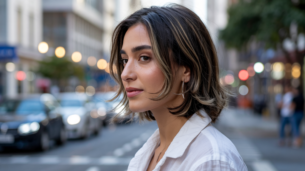 A close-up portrait photograph of a Brazilian woman showcasing a chic shag haircut with medium-length, subtly layered strands framing her face.