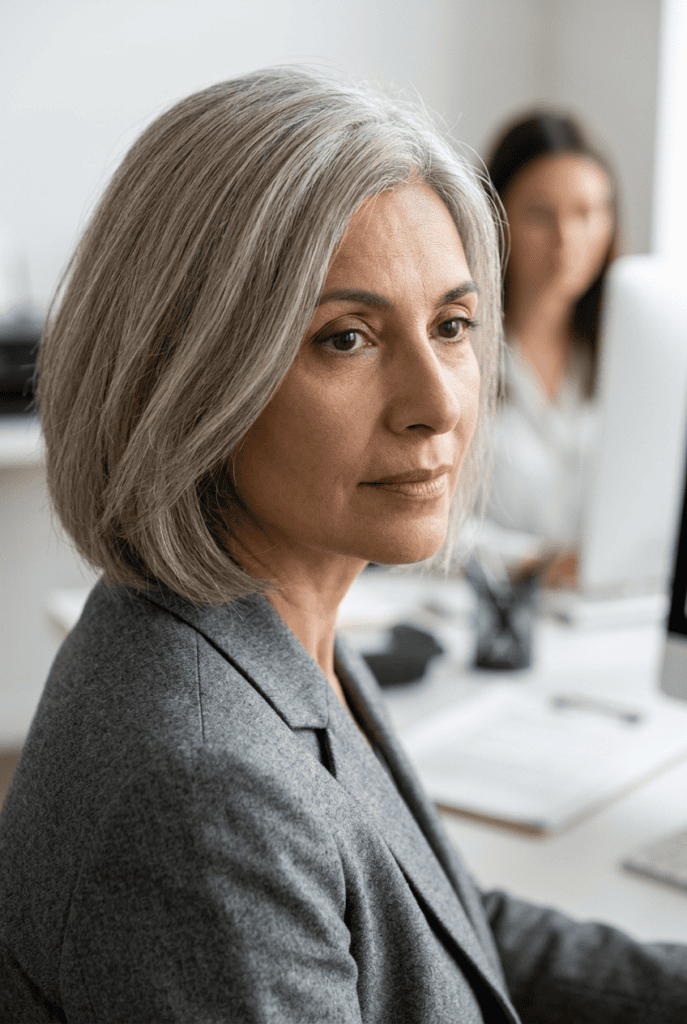 Quiet-Silver, Low-Contrast Color Mature woman with soft low contrast quiet silver hair color
