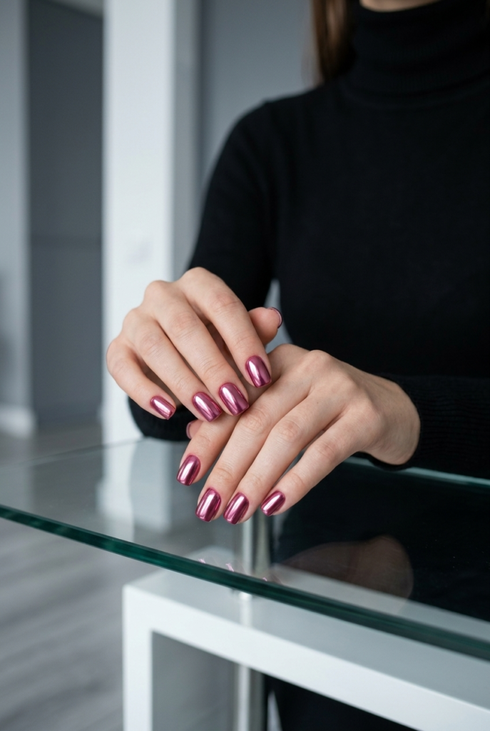 Raspberry Chrome Woman in a black turtleneck with short raspberry chrome mirror finish nails resting on a glass table in a modern home interior