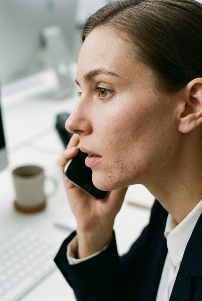 Reassess Everything Touching Your Face Woman at an office desk holding her phone away from her cheek wearing smart office wear