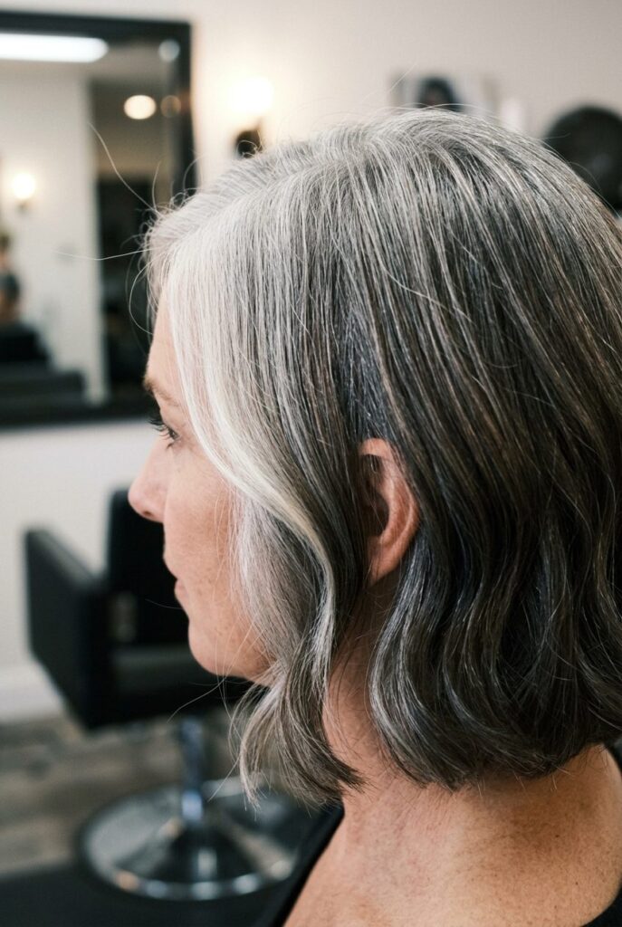 Reverse ombre hair with silver roots and dark ends