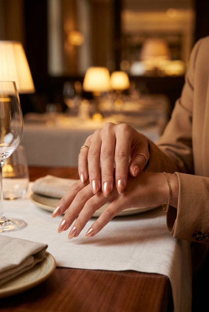 Rose Gold Chrome Woman in a camel blazer with rose gold chrome nails and gold wrist jewelry resting on a dinner table in a warmly lit restaurant setting