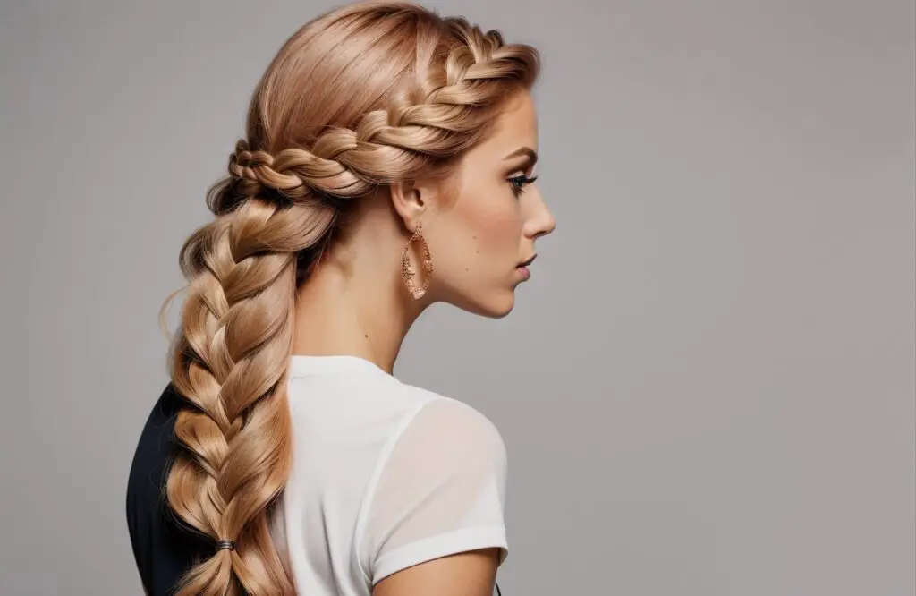 big mermaid braided hairstyle on woman's Rose Gold hair color