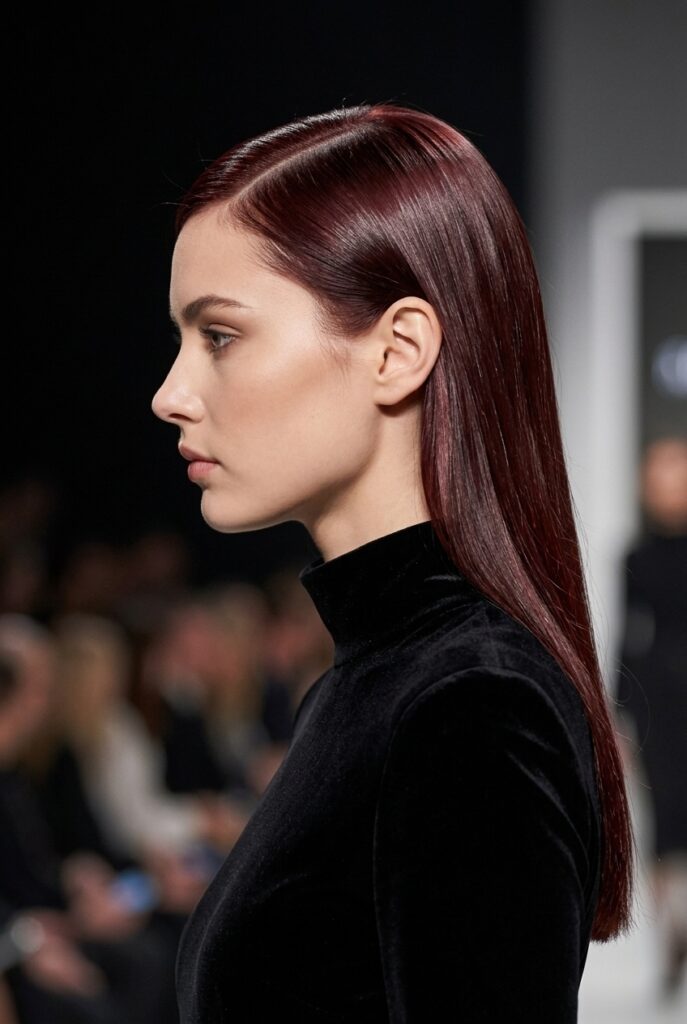 Russian fashion parade female model with deep red-brown cherry cola hair dye with burgundy undertones
