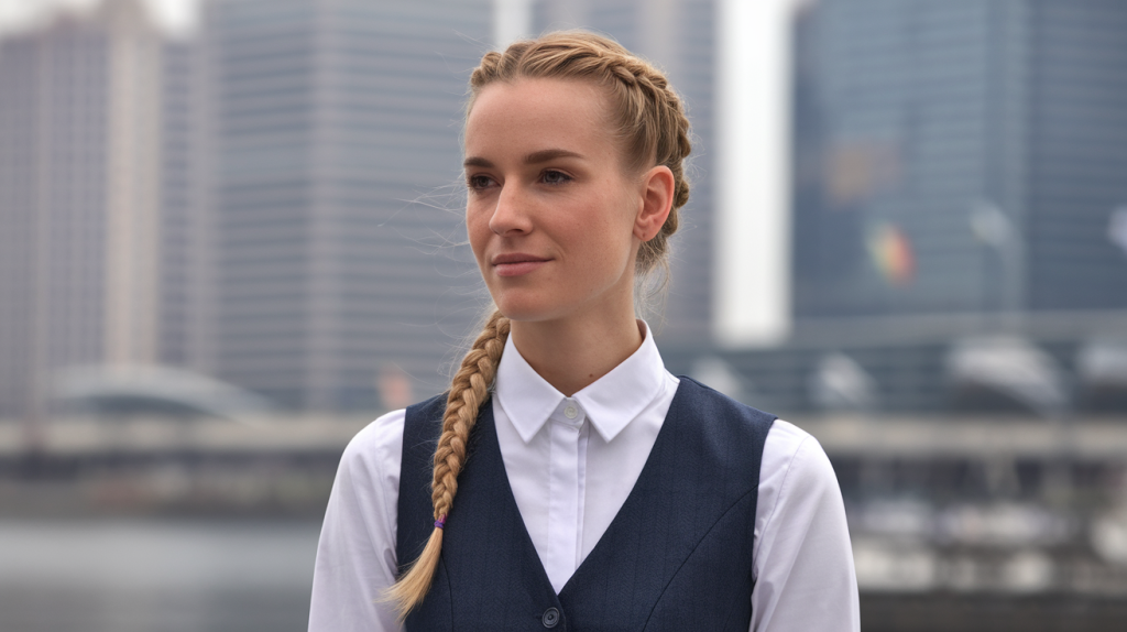 A serene medium shot of a woman with a dutch braid. She is wearing a white shirt and a dark blue vest. The background is a blurred cityscape with tall buildings.