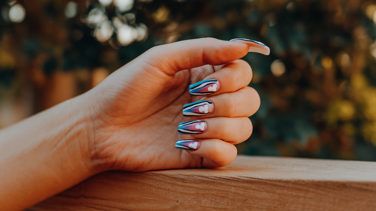 A side profile photo of a hand with a long nail design. The nails are painted with a gradient of pink to blue with white and black stripes. There are small, white hearts on each nail. The hand is placed on a wooden surface. The background is blurred and contains greenery. The lighting is warm.