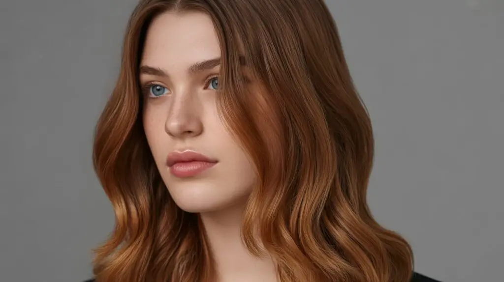 Caramel Brown Hair Color full closeup, Side Profile, beauty professional female model 