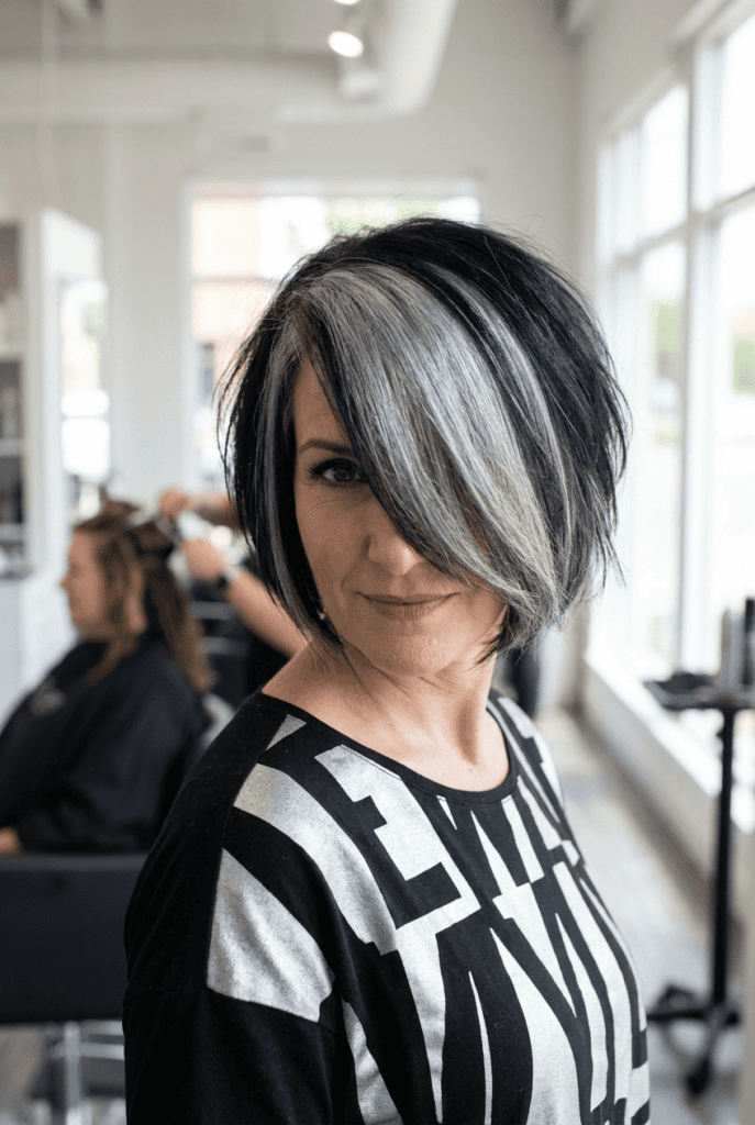 Salt-and-Pepper Color Blocking Woman with bold salt and pepper color blocked hair sections