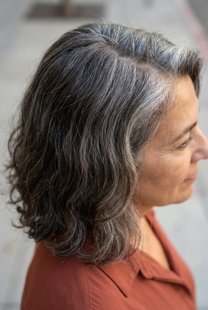 Salt and pepper brunette hair with silver roots