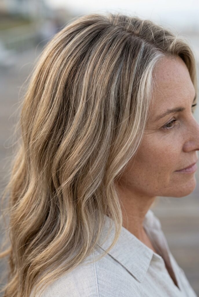 Sandy blonde hair with natural white highlights