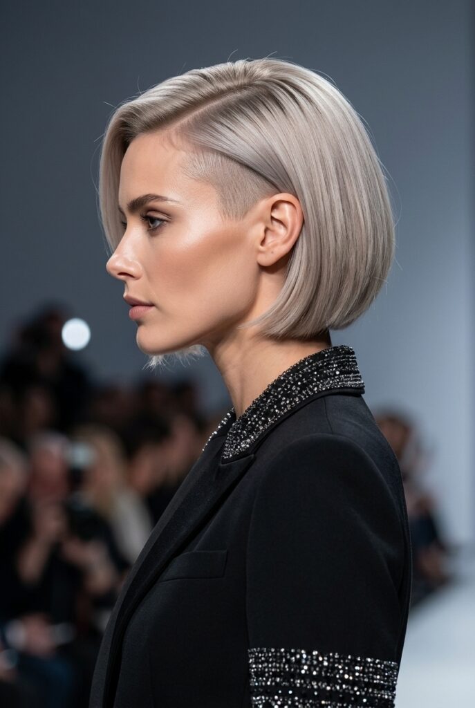 Scandinavian fashion parade female model over 40 with an undercut bob hairstyle