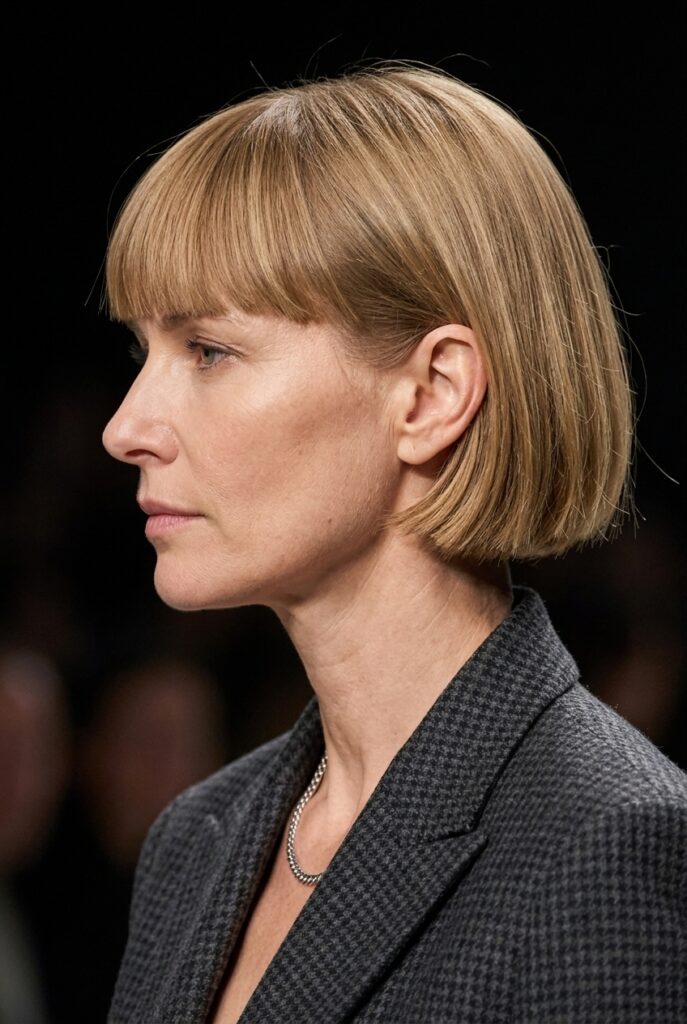 Scandinavian female model in her mid 40s with a French bob haircut and full fringe at ear length