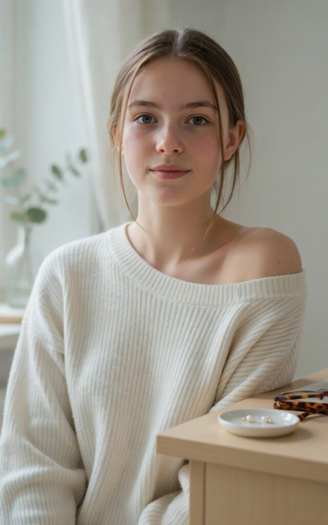 Scandinavian teen girl with no-makeup makeup look, natural skin texture, soft neutral blush and tinted lip balm