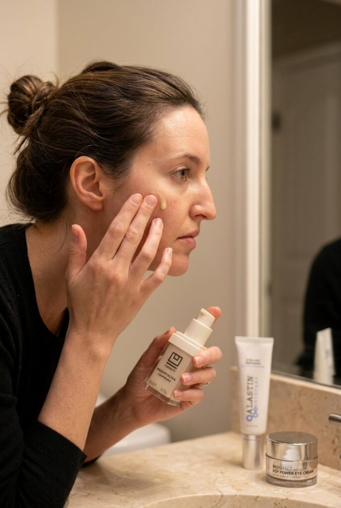 Scandinavian woman in her 30s applying retinol serum at night